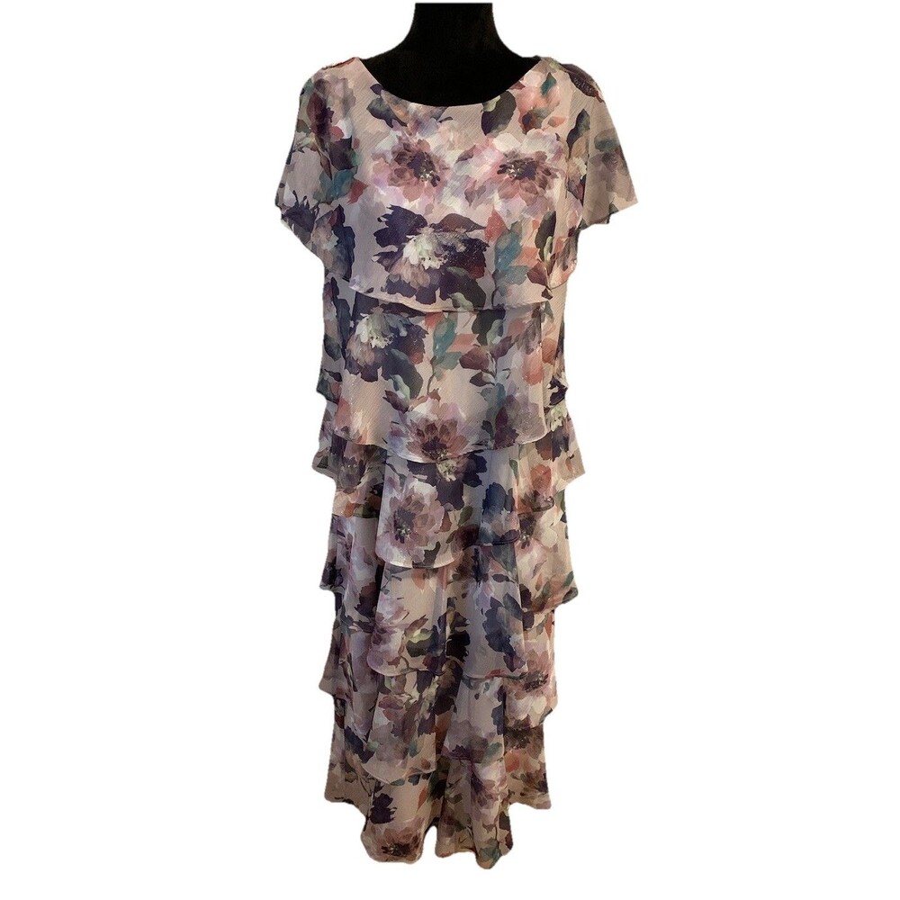 Ignite Evenings Dress Size 8 Womens MIDI Layered Floral Tiered Chiffon Ruffled
